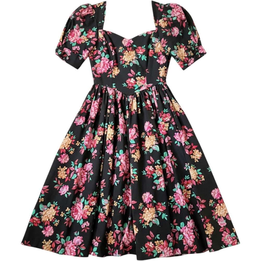 VTG Laura Ashley Dress Black Pink Floral Puff Sleeve Vintage UK 12 US 10
